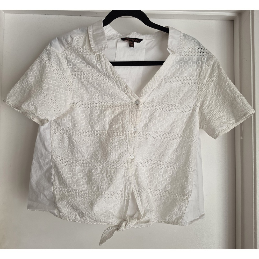 Urban Revivo Blouse Women Size 4 White Cotton Eyelet Collared Short Sleeve Top